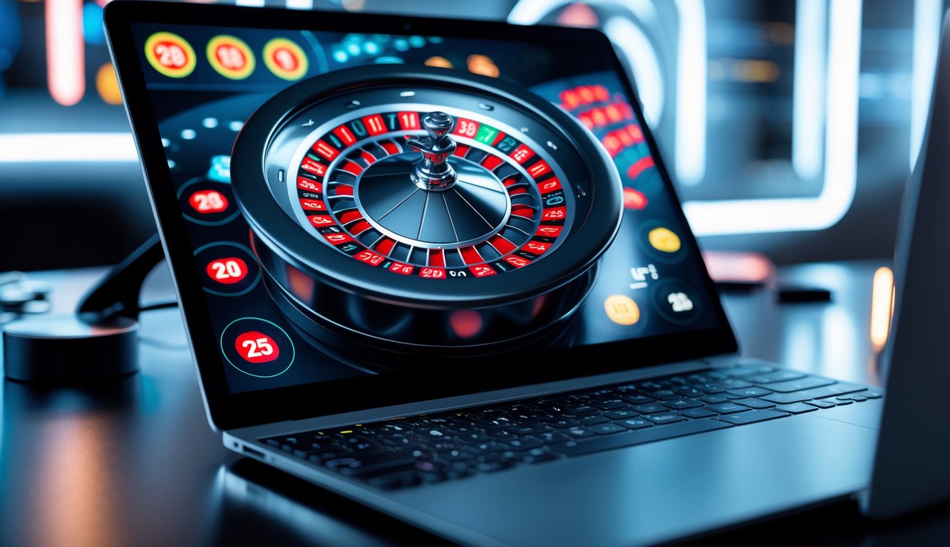 Sebuah layar komputer menampilkan roda roulette online yang berputar dengan latar belakang futuristik dan pencahayaan yang menarik.