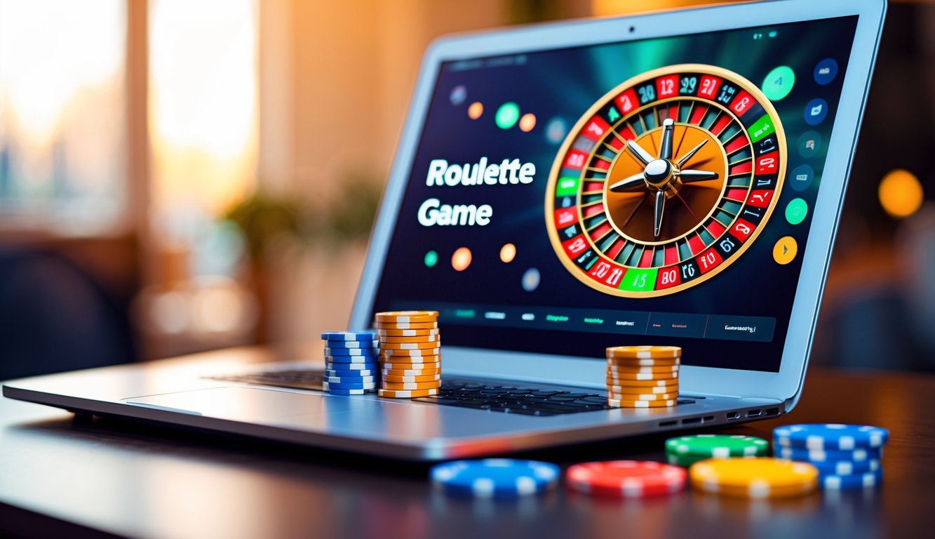 Sebuah komputer dengan tampilan roda roulette digital dan chip warna-warni di meja dalam ruangan yang nyaman.