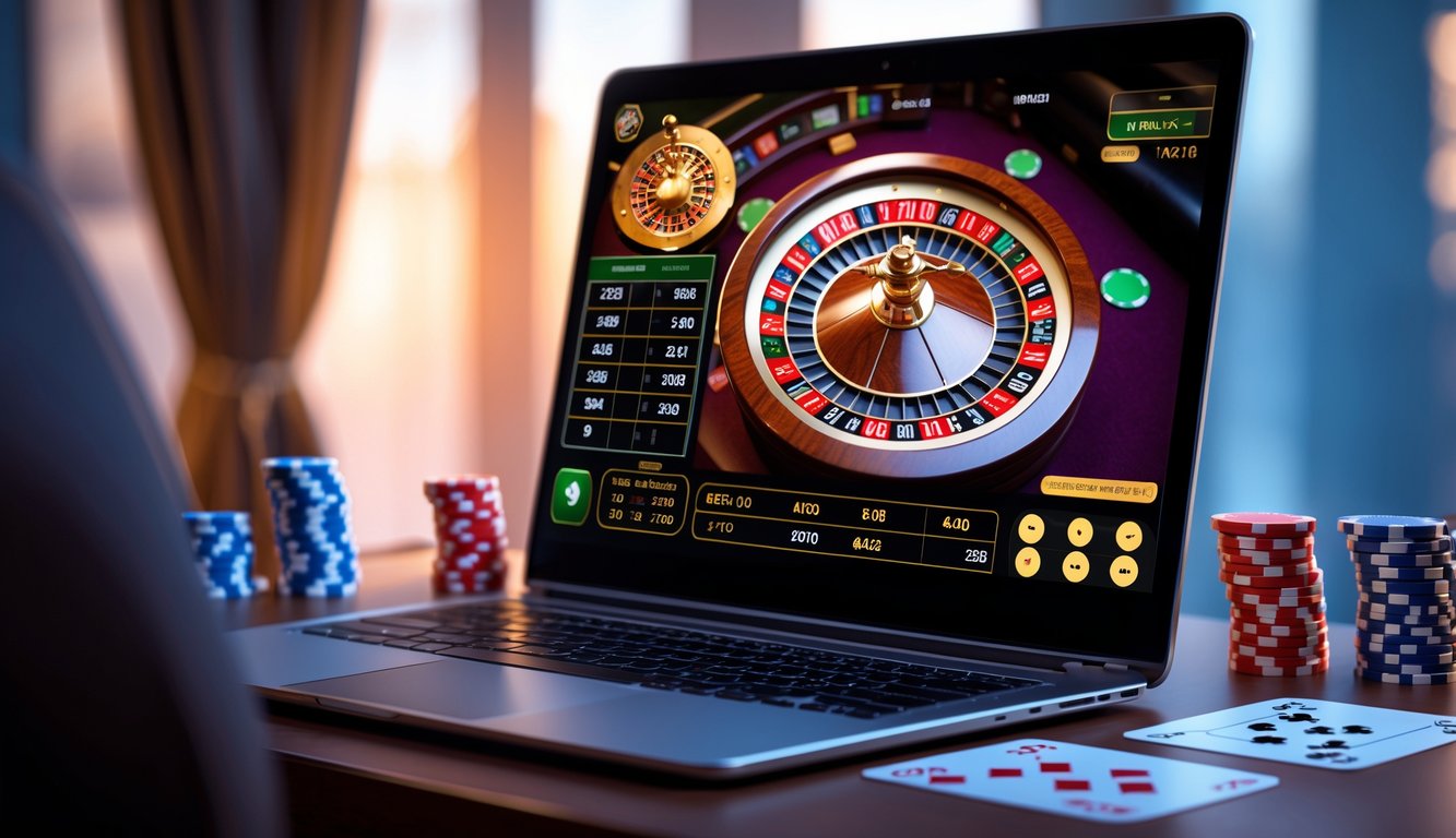 Sebuah komputer dengan tampilan roda roulette online yang sedang berputar di layar, dikelilingi oleh chip poker dan kartu remi di atas meja.