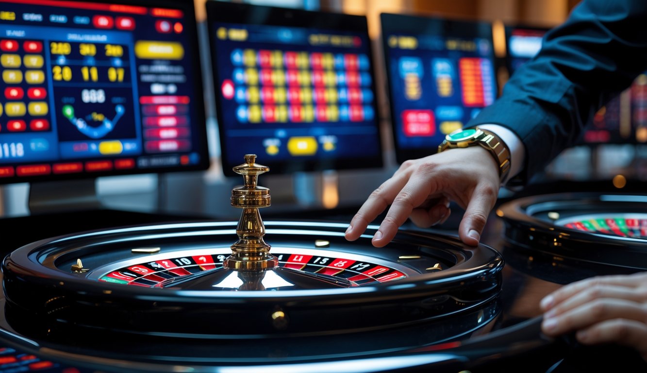 Tangan seseorang sedang memutar roda roulette digital di meja kasino dengan layar komputer di latar belakang.