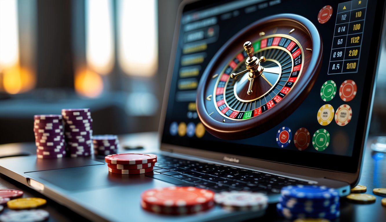 Sebuah laptop menampilkan permainan roulette online dengan chip poker di sekitarnya di meja yang rapi.