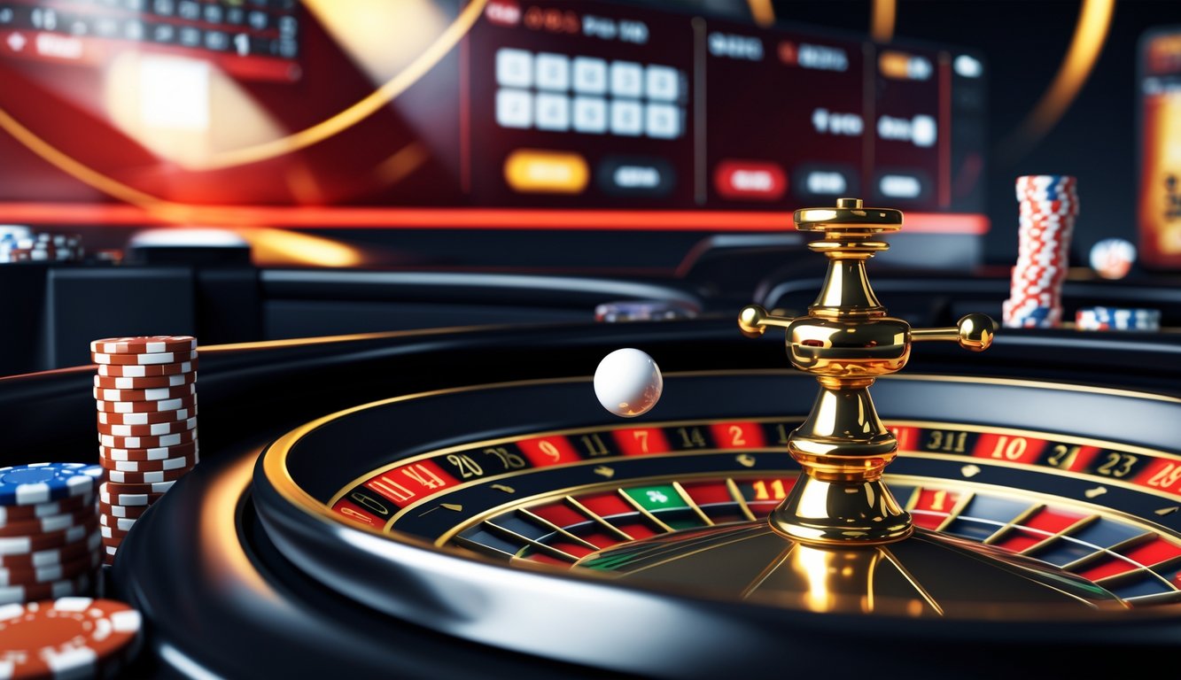 Sebuah roda roulette kasino online yang sedang berputar dengan bola putih kecil dalam gerakan, dikelilingi oleh chip taruhan dan elemen digital.