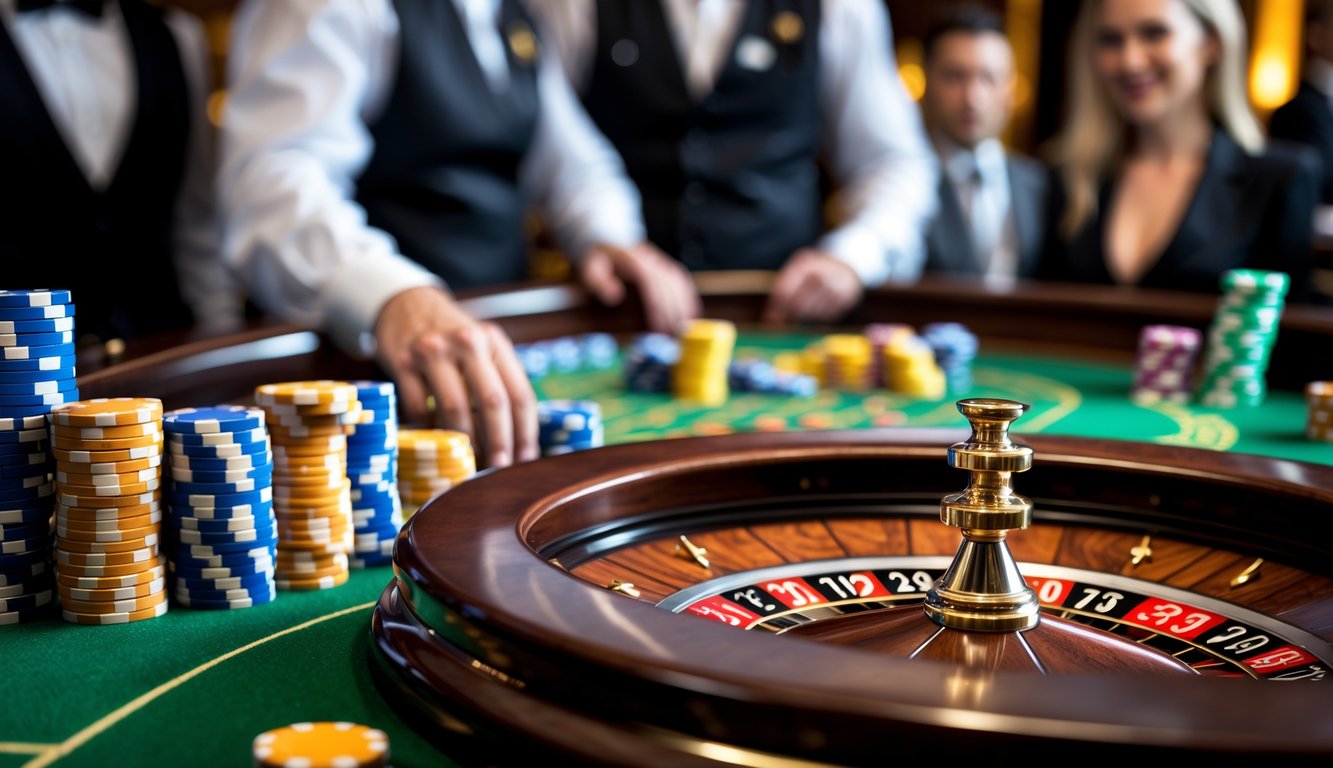 Meja roulette dengan roda berputar, tumpukan chip kasino berwarna-warni, dan beberapa pemain serta dealer yang sedang bermain.