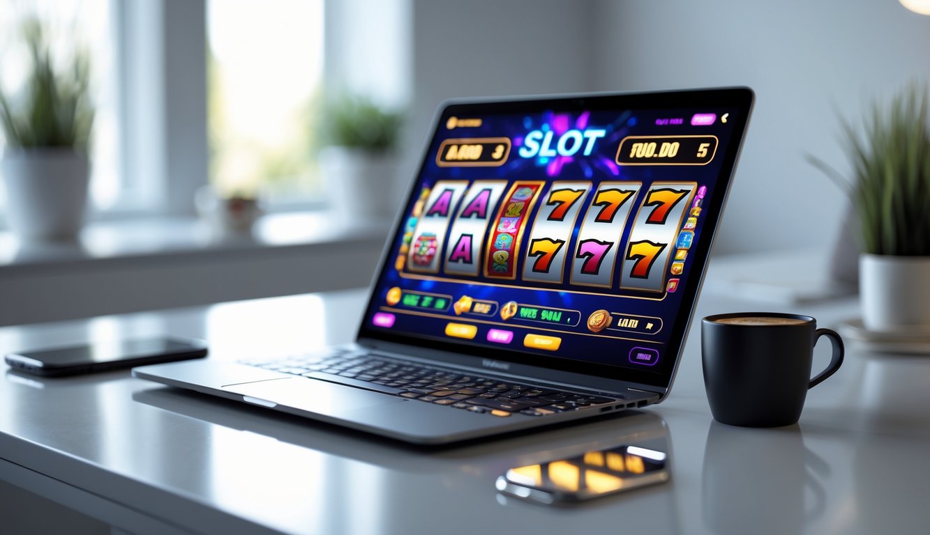 Seorang pengguna sedang bermain slot online di laptop di atas meja kerja yang rapi dengan ponsel dan cangkir kopi di sampingnya.