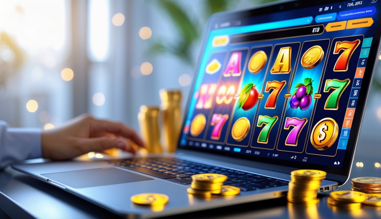 Sebuah komputer menampilkan permainan slot online dengan simbol berwarna cerah dan koin emas di sekitarnya.