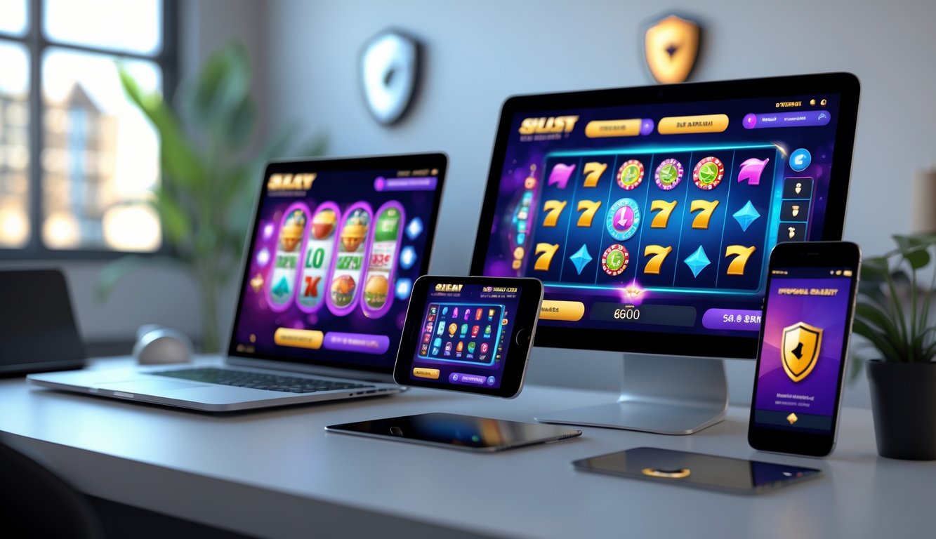 Suasana ruang kerja modern dengan perangkat digital menampilkan permainan slot online yang berwarna-warni dan simbol keamanan di layar.