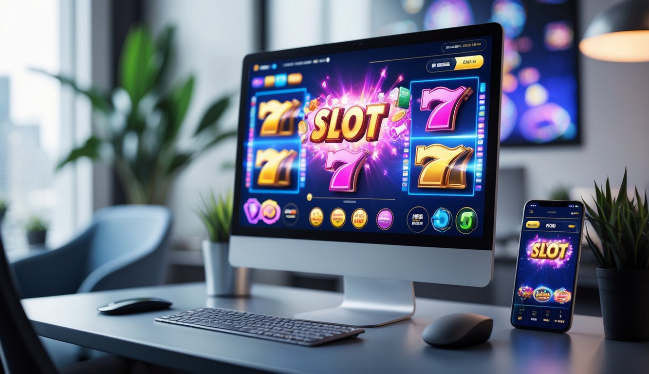 Tampilan komputer dengan permainan slot online berwarna-warni di layar di dalam ruang kantor modern.
