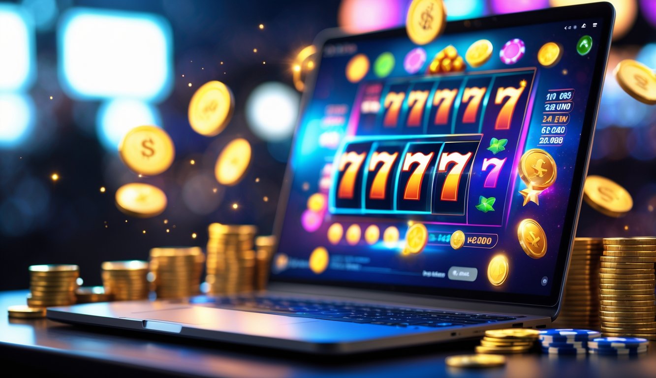 Seorang pemain sedang menggunakan komputer dengan permainan slot online yang menampilkan simbol jackpot dan koin emas di sekitarnya.