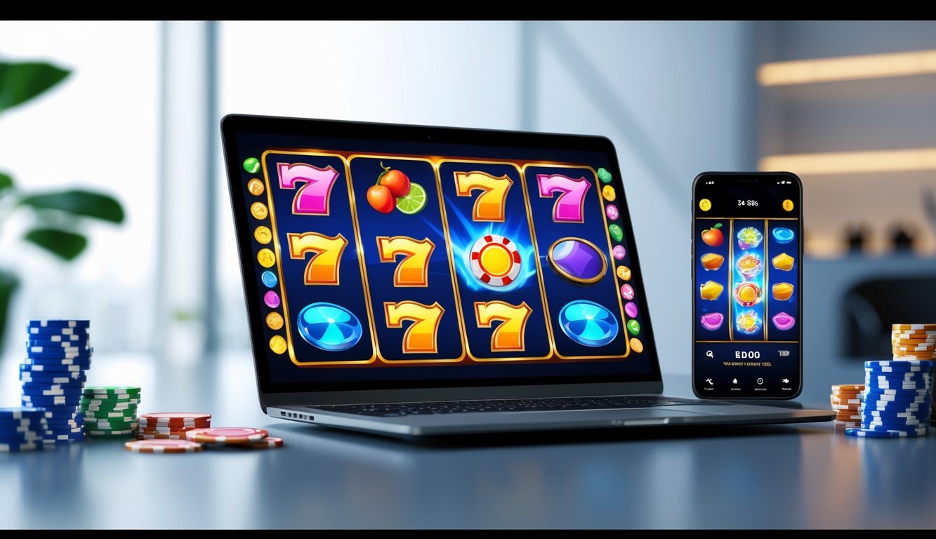 Seorang pengguna sedang bermain game slot online di laptop dan ponsel di atas meja kerja yang rapi.