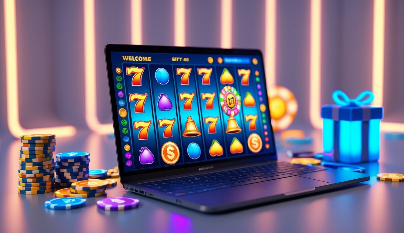 Seorang pria menggunakan laptop dengan layar menampilkan permainan mesin slot berwarna-warni, dikelilingi oleh koin dan chip poker di meja.