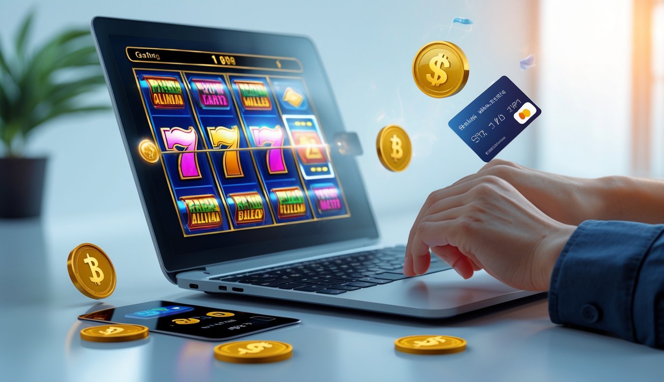 Seseorang menggunakan laptop dengan tampilan permainan slot online dan simbol pembayaran cepat di sekitar perangkat.