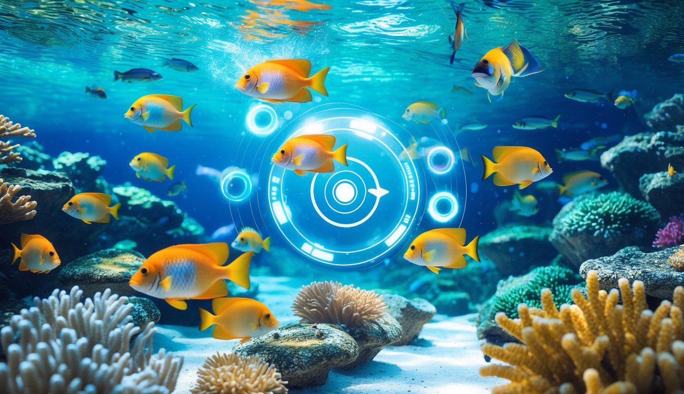 Pemandangan bawah laut dengan ikan tropis berwarna-warni berenang di antara terumbu karang dan tanaman laut.