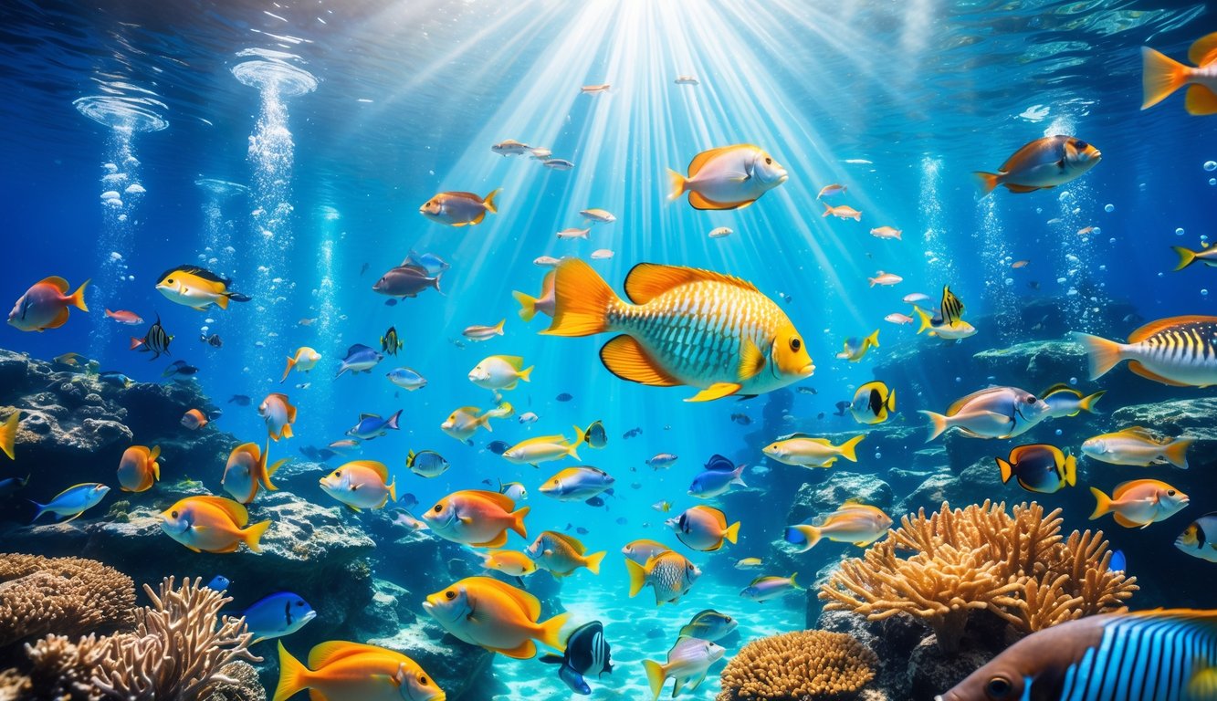 Pemandangan bawah laut dengan berbagai ikan tropis berwarna-warni berenang di antara terumbu karang dan air biru jernih.
