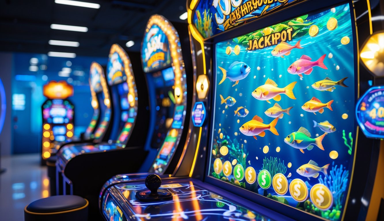 Layar permainan ikan dengan berbagai ikan warna-warni dan simbol jackpot besar di latar arcade modern.