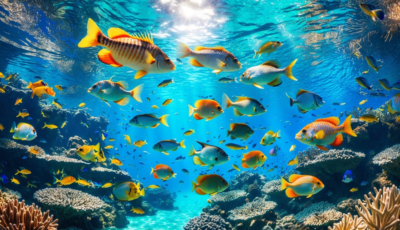 Pemandangan bawah laut yang penuh dengan berbagai ikan berwarna-warni yang berenang di sekitar terumbu karang yang sehat.