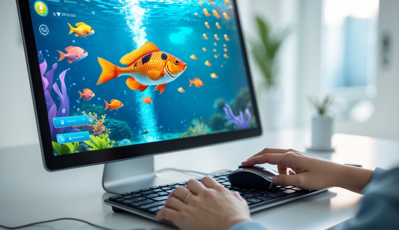 Seseorang sedang bermain permainan tembak ikan di komputer dengan tampilan grafis ikan berwarna-warni di layar.