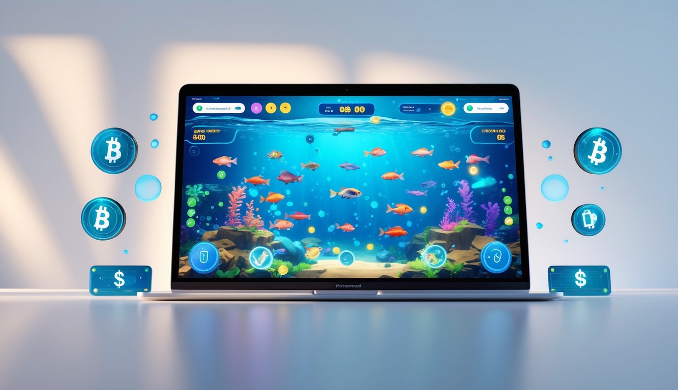 Layar perangkat menampilkan permainan menembak ikan dengan grafik bawah laut berwarna-warni dan elemen permainan digital.