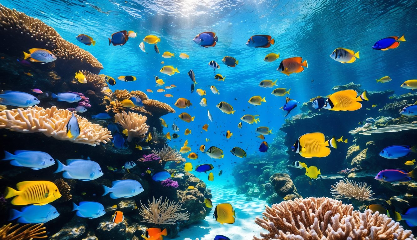 Pemandangan bawah laut dengan terumbu karang berwarna-warni dan ikan tropis berenang di air jernih.