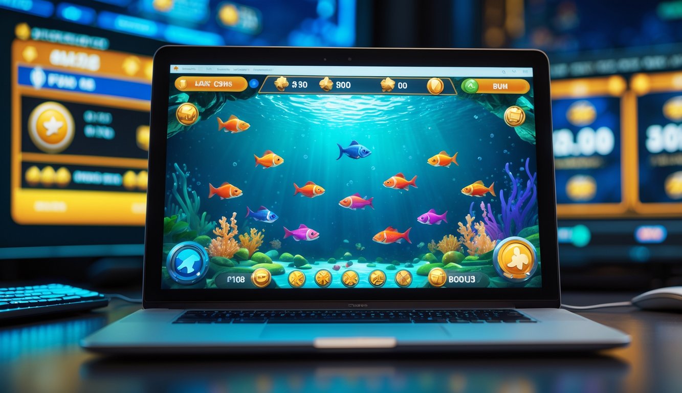 Layar komputer menampilkan permainan tembak ikan dengan animasi ikan berwarna-warni di latar bawah laut.