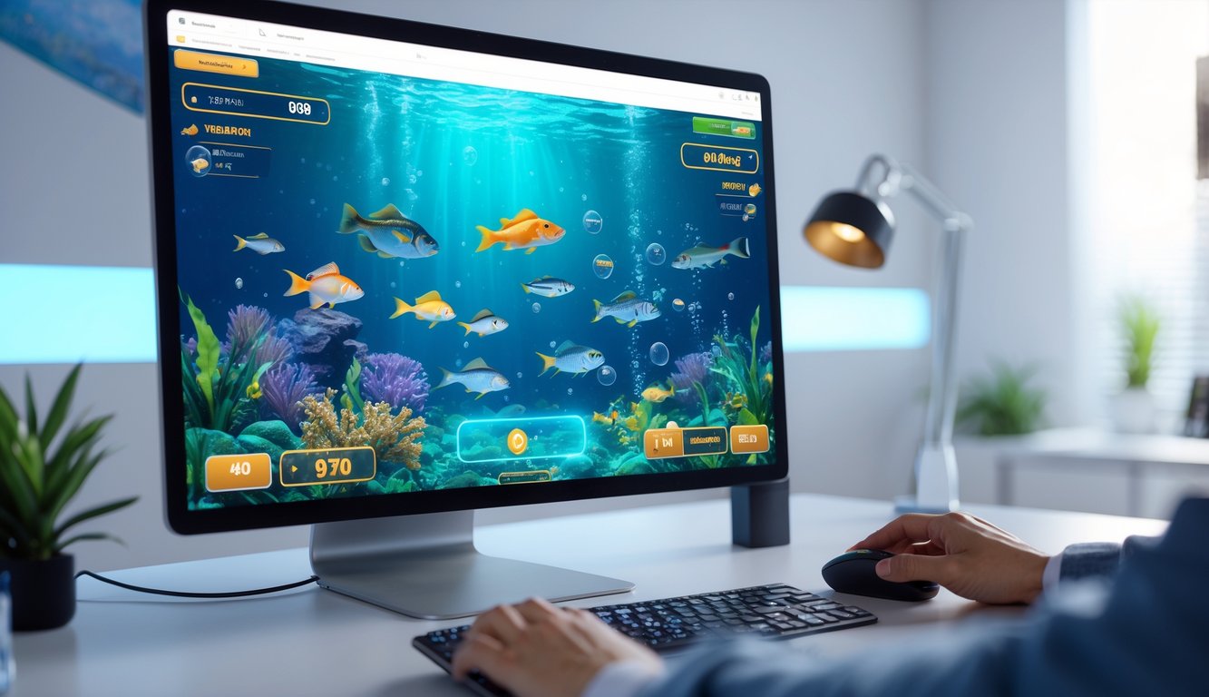 Seseorang sedang bermain game menembak ikan online dengan tampilan layar komputer yang menampilkan berbagai ikan warna-warni di bawah laut.