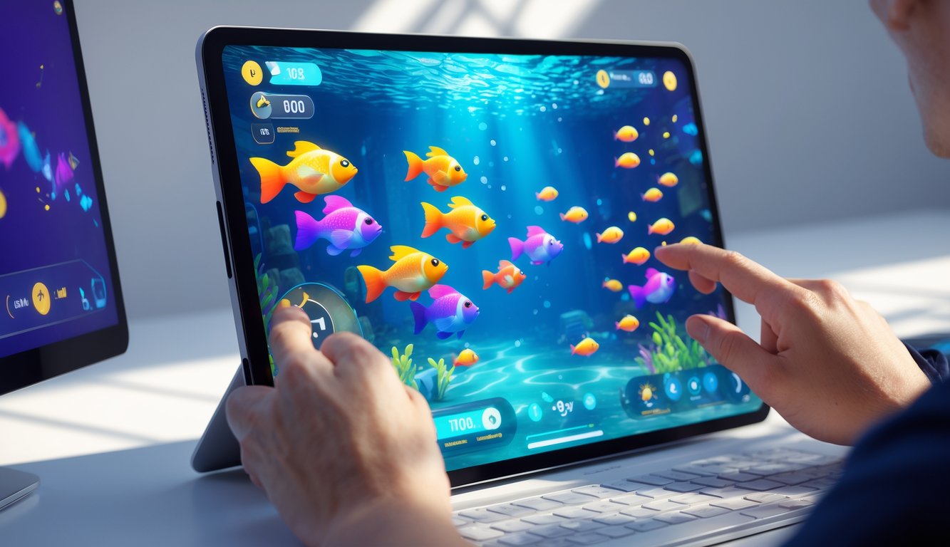 Tangan seseorang sedang bermain permainan tembak ikan di layar perangkat digital dengan ikan warna-warni bergerak di layar.