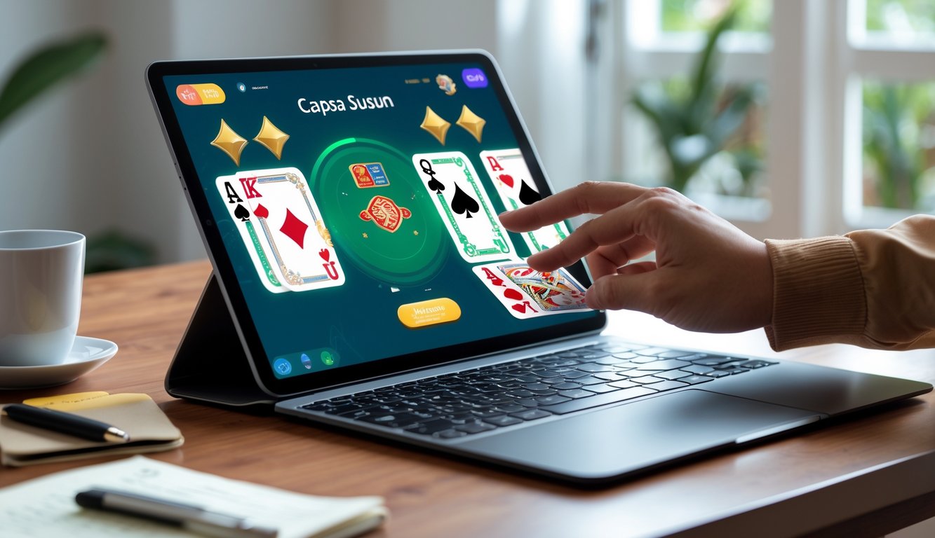 Seseorang bermain permainan kartu Capsa Susun secara online menggunakan laptop di atas meja kayu dengan tangan yang sedang mengatur kartu di layar perangkat.