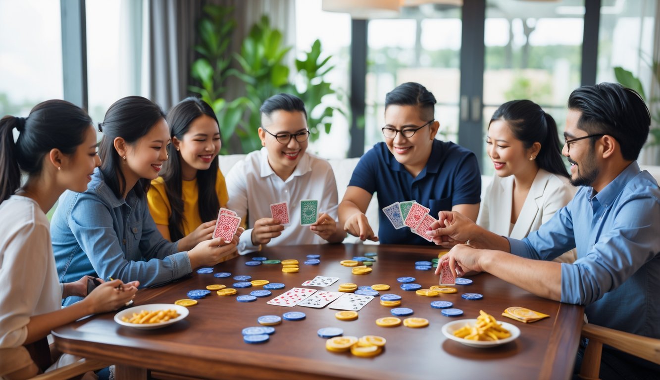 Sekelompok orang sedang bermain permainan kartu Capsa di meja dalam ruangan yang terang dan nyaman.