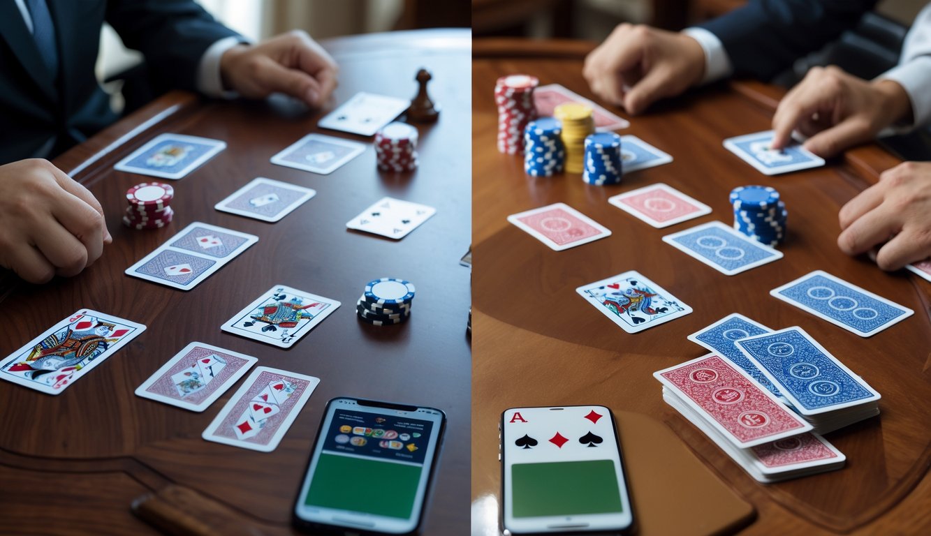 Meja kayu dengan dua permainan kartu yang berbeda, Capsa Susun dan Poker, masing-masing dengan kartu dan chip yang tersusun rapi.