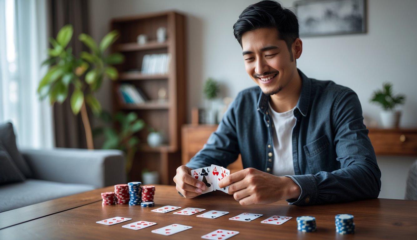 Seorang pemula sedang duduk di meja kayu bermain kartu capsa dengan senyum dan fokus di ruang tamu yang nyaman.