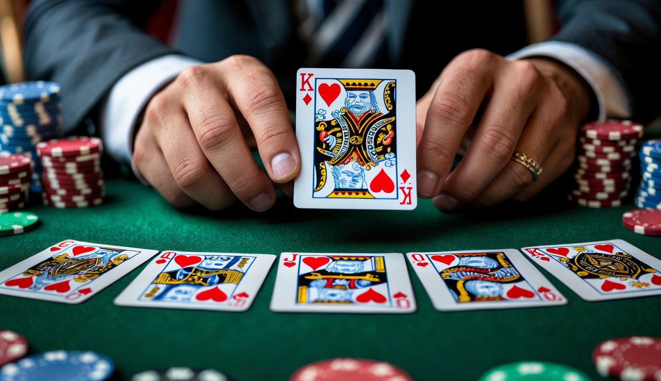 Tangan pemain memegang kombinasi kartu terbaik di atas meja permainan Capsa dengan tumpukan chip di sekitarnya.