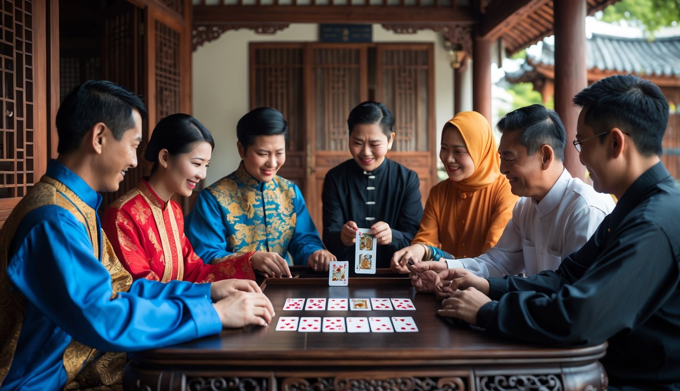 Beberapa orang dari berbagai budaya Asia bermain kartu Capsa di meja kayu tradisional dengan latar belakang arsitektur Asia.