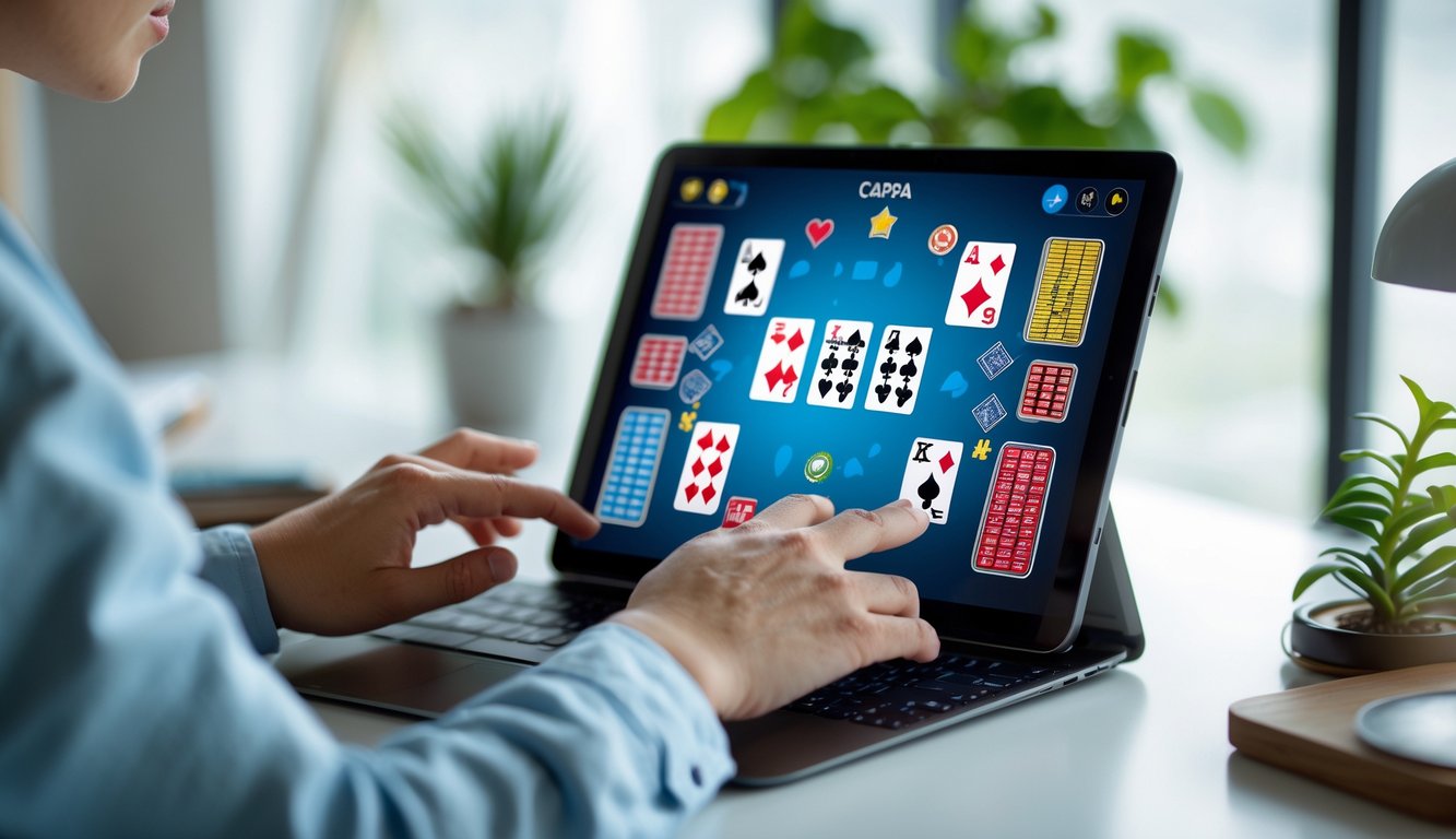 Seseorang menggunakan laptop di ruang kerja modern dengan permainan kartu digital di layar.