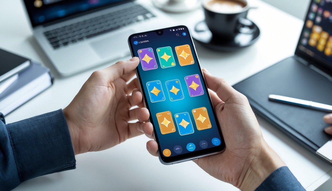 Seseorang memegang ponsel yang menampilkan permainan Capsa Susun Android dengan kartu berwarna-warni di layar, di depan meja kerja dengan laptop dan cangkir kopi.