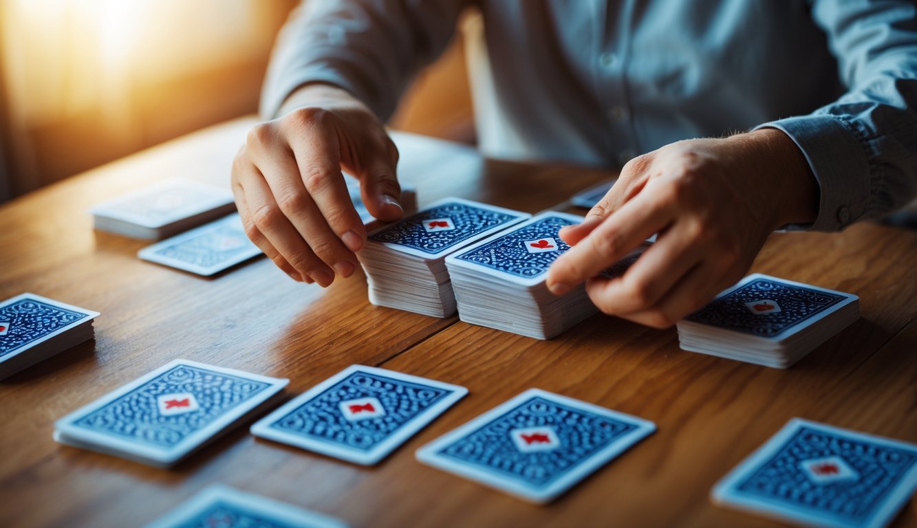Tangan seseorang sedang menyusun kartu capsa dengan cepat di atas meja kayu.