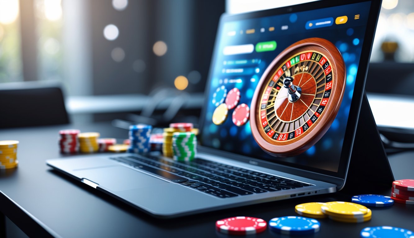 Sebuah komputer dengan layar menampilkan roda roulette digital dan chip taruhan di meja yang rapi.