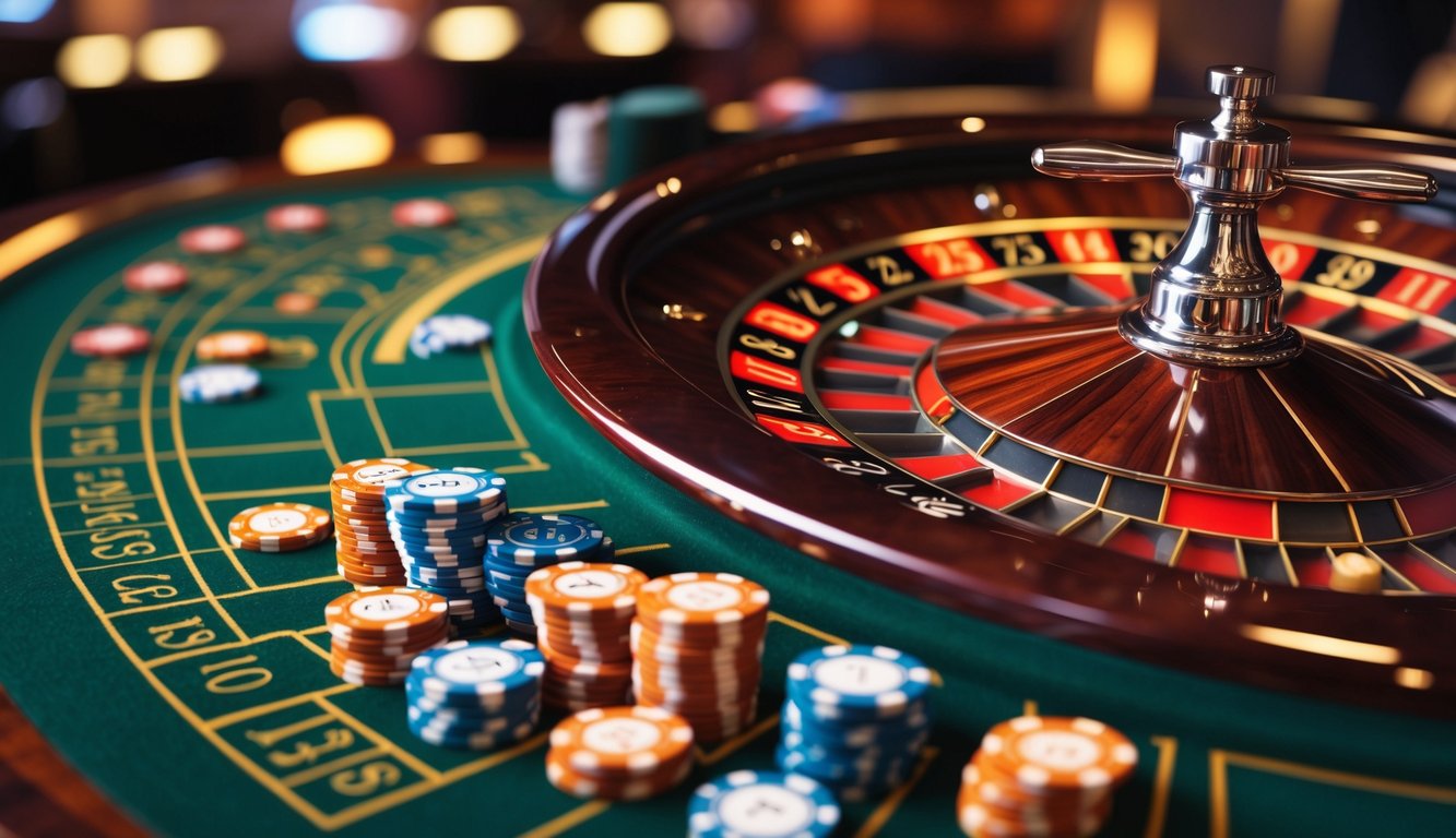 Meja roulette kasino dengan roda roulette berputar dan tumpukan chip taruhan di atas kain hijau.