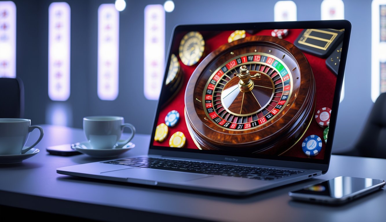 Sebuah meja dengan komputer yang menampilkan permainan roulette online dengan roda roulette digital yang berwarna-warni.