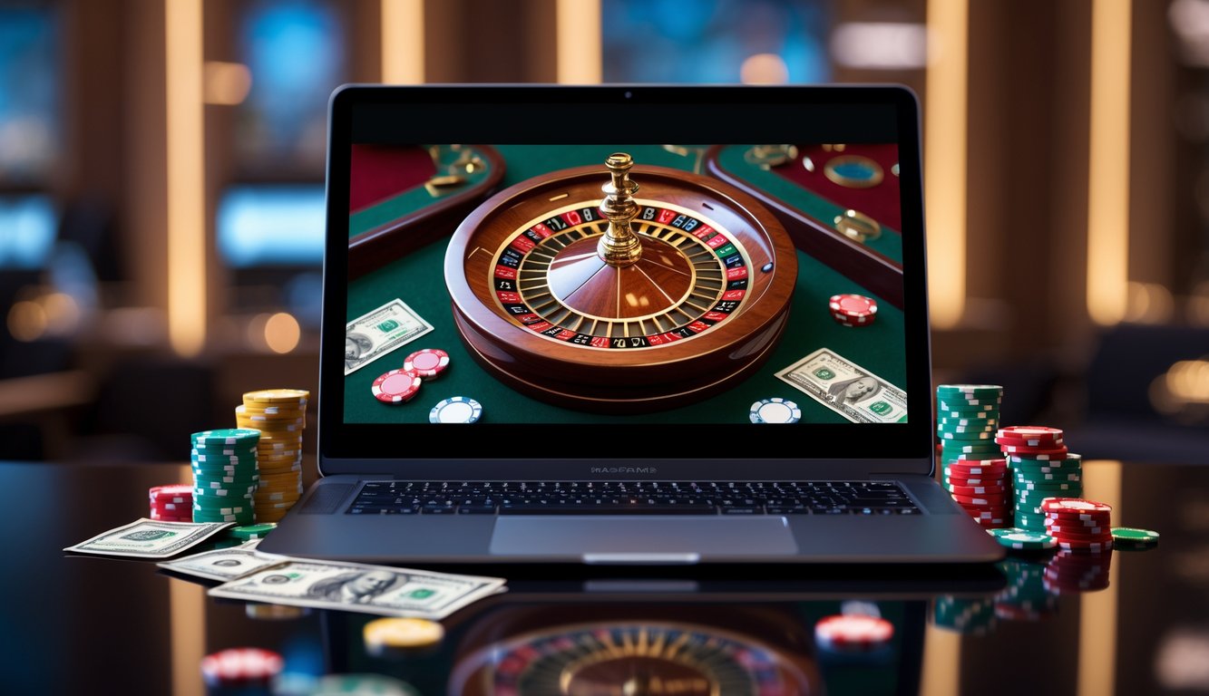 Sebuah layar komputer menampilkan permainan roulette online dengan chip kasino dan uang nyata di sekitarnya.