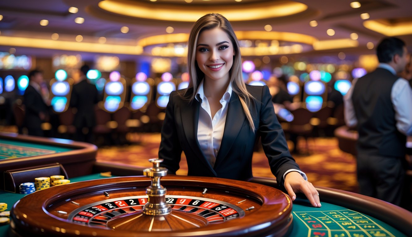 Seorang dealer wanita profesional berdiri di belakang meja roulette yang sedang berputar di dalam kasino.