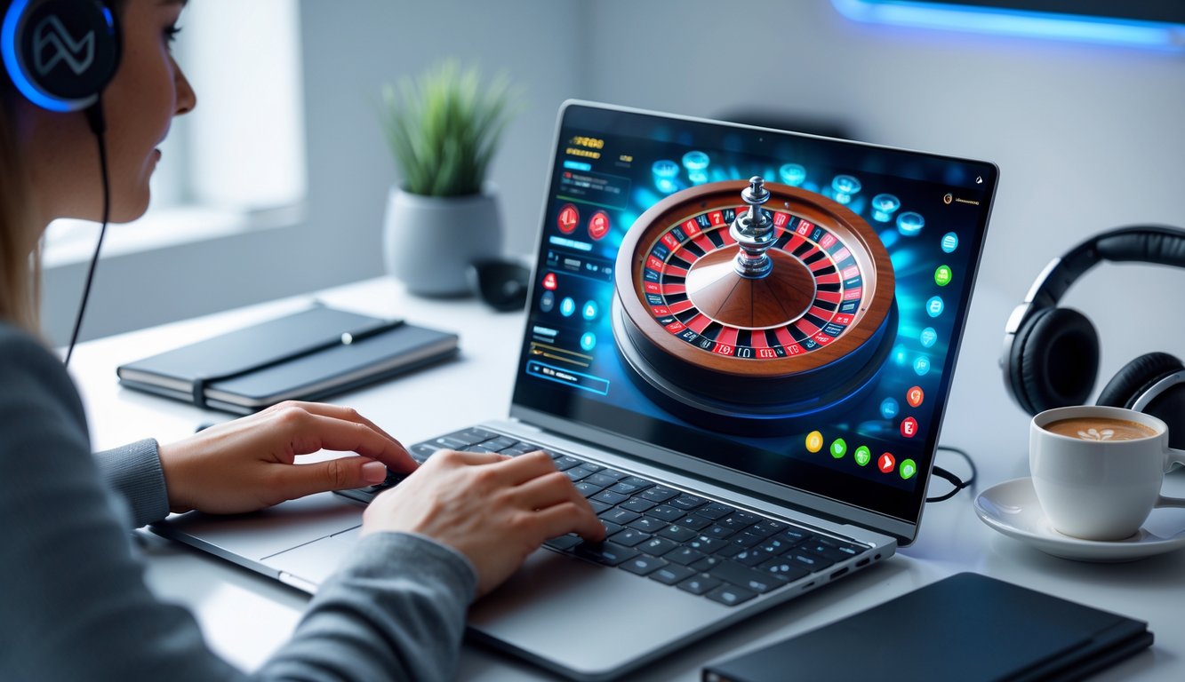 Seseorang menggunakan komputer dengan tampilan roda roulette online yang sedang berputar di layar dalam ruangan yang rapi dan terang.