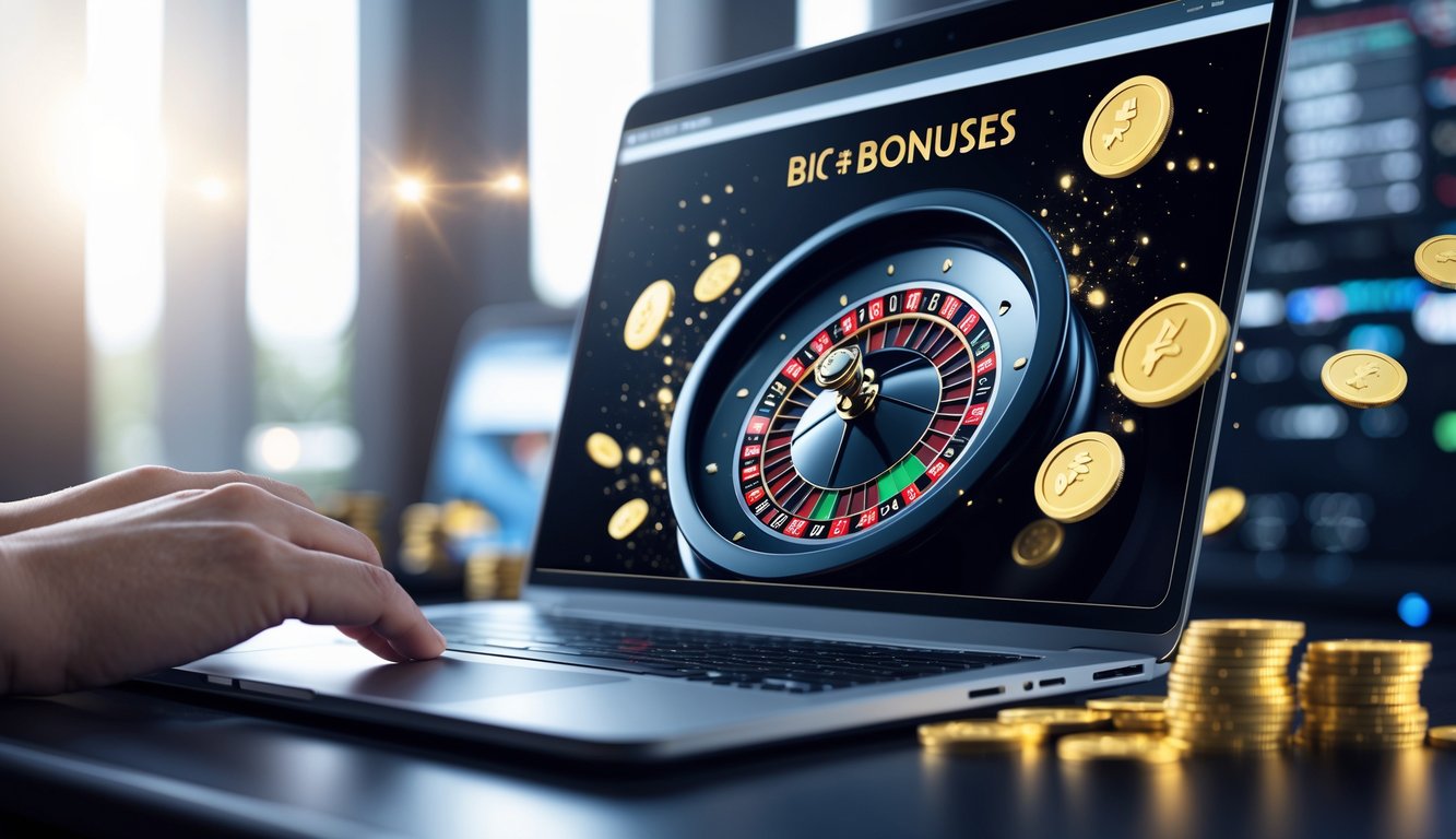 Layar komputer menampilkan roda roulette digital dengan koin emas dan chip mengelilingi, menggambarkan suasana permainan roulette online dengan bonus besar.