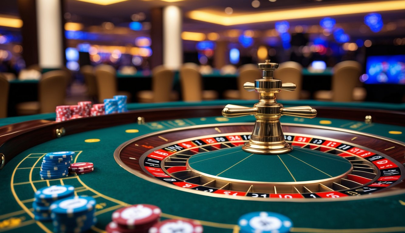 Meja roulette kasino dengan roda roulette berputar dan chip taruhan di atas meja hijau.