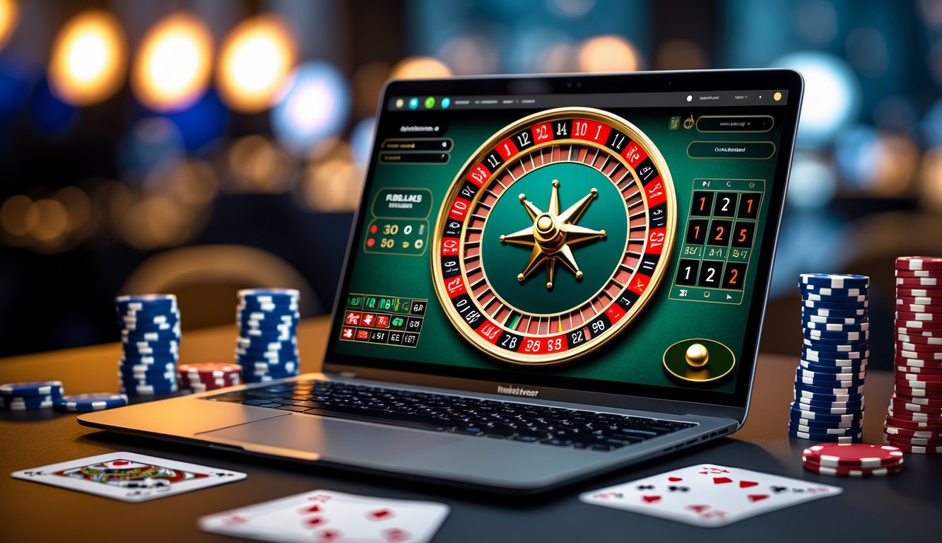 Sebuah laptop modern menampilkan permainan roulette online dengan chip poker dan kartu di sekitarnya.