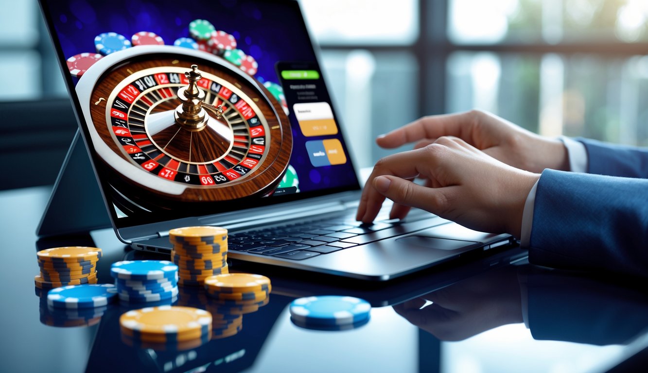 Seseorang menggunakan perangkat digital untuk bermain roulette online dan melakukan deposit dana secara elektronik.