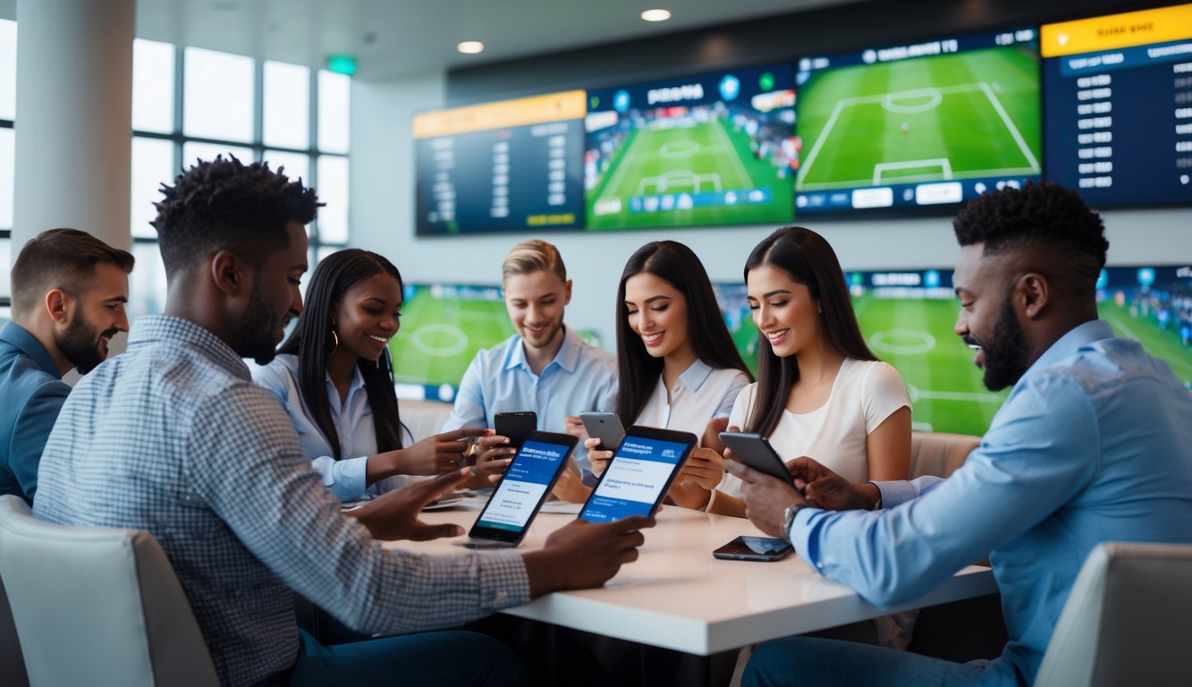 Orang-orang menggunakan perangkat digital untuk bertaruh pada pertandingan sepak bola di ruangan modern dengan layar besar menampilkan pertandingan langsung.