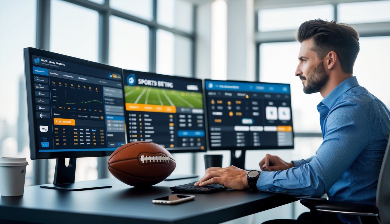 Seorang agen judi olahraga online bekerja di kantor modern dengan beberapa monitor menampilkan pertandingan olahraga.