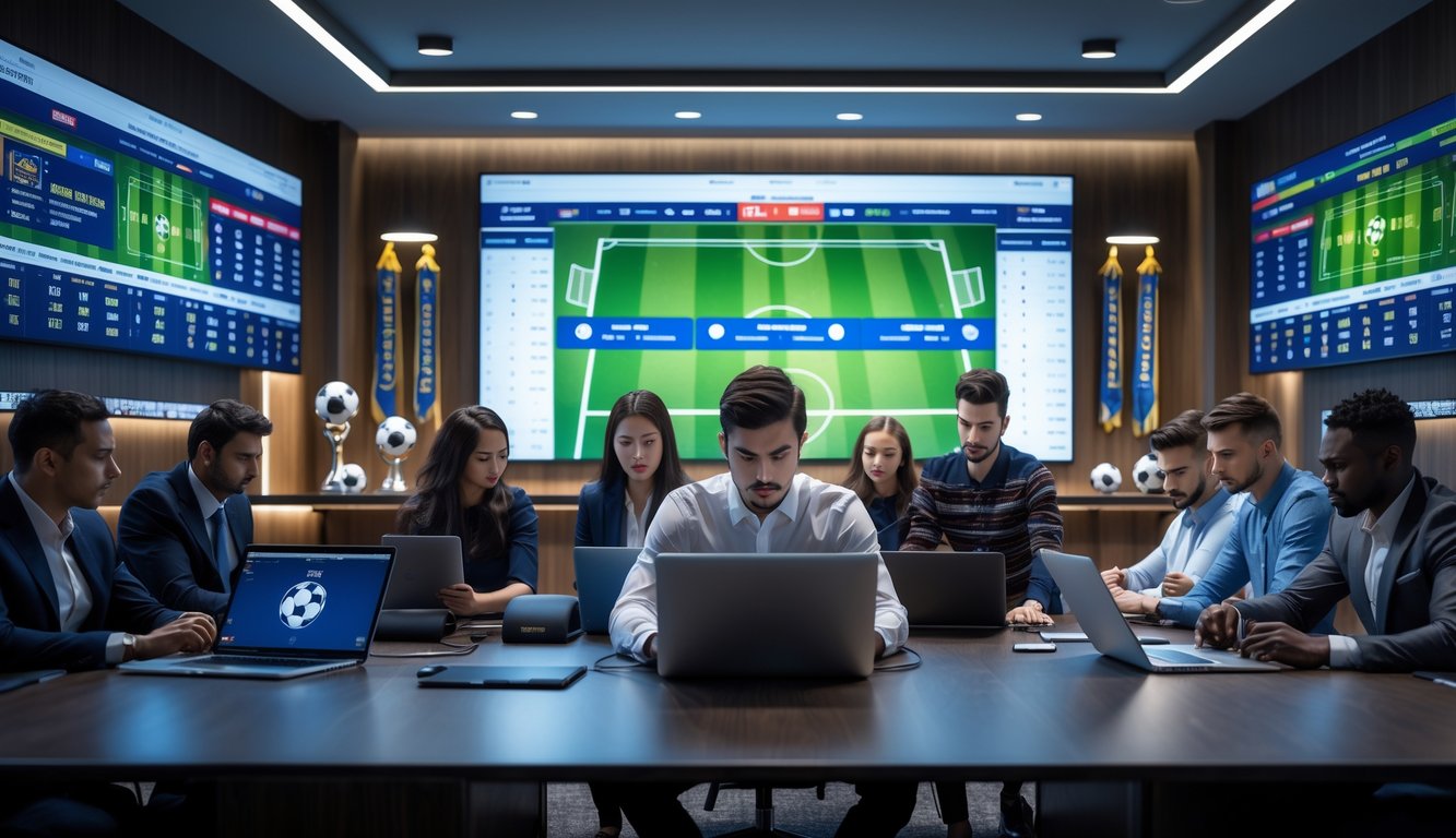 Orang-orang di kantor taruhan sepak bola resmi sedang menggunakan perangkat elektronik untuk memasang taruhan dengan layar besar menampilkan statistik dan skor pertandingan sepak bola.