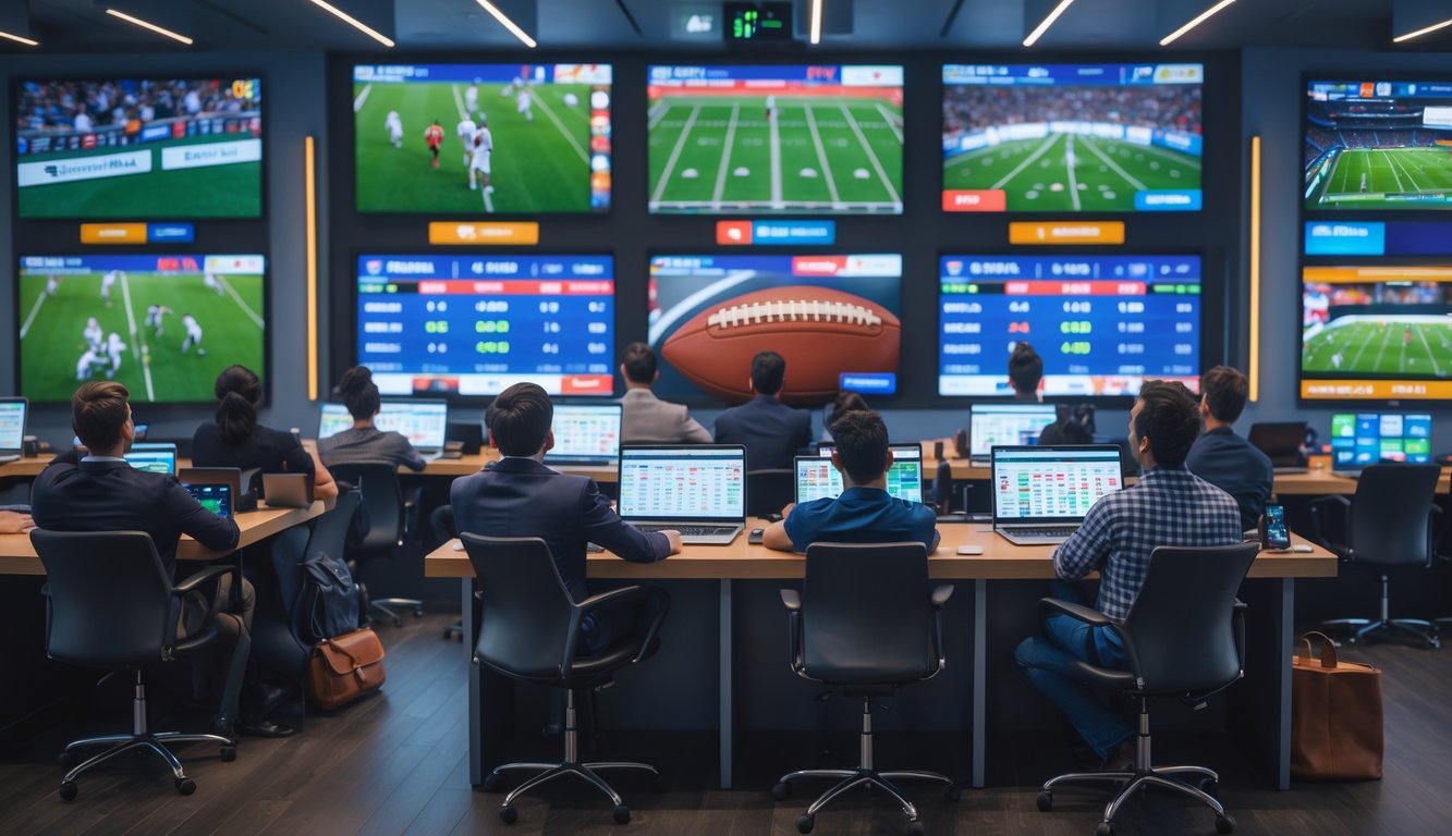 Sekelompok orang menonton siaran langsung pertandingan olahraga sambil memasang taruhan menggunakan perangkat elektronik di ruangan modern.