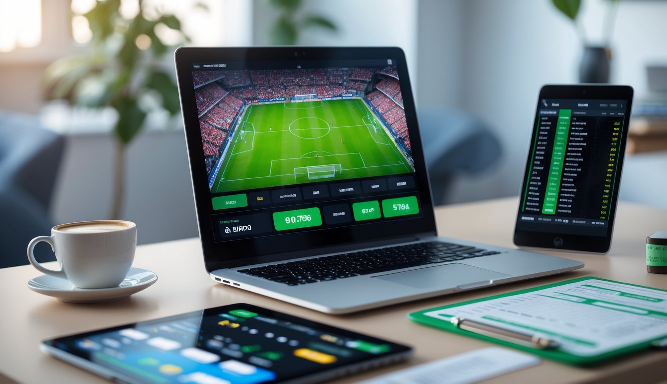 Seseorang menggunakan laptop dan smartphone untuk memasang taruhan sepak bola online di meja kerja yang rapi.