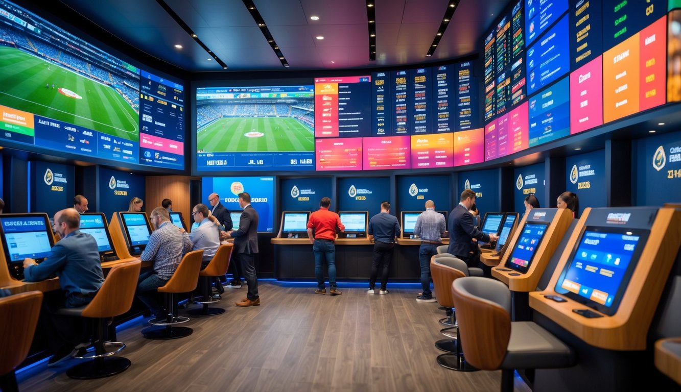 Orang-orang sedang memasang taruhan di sportsbook modern dengan layar digital besar yang menampilkan acara olahraga dan peluang taruhan.
